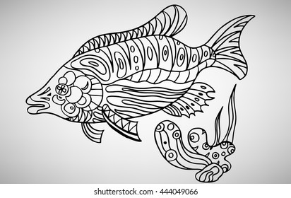 Fish. Hand-drawn with ethnic pattern. Coloring page - isolated on a white background. Zendoodle patterns. Vector illustration.