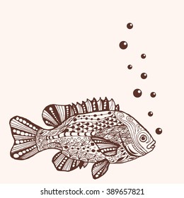 Fish. Hand-drawn fantasy fish with ethnic doodle pattern. Coloring page - zendala, for relaxation and meditation for adults, vector illustration, isolated on a white background. Zen doodle.
