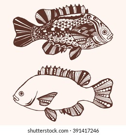 Fish. Hand-drawn fantasy fish with ethnic doodle pattern. Coloring page - zendala, for relaxation and meditation for adults, vector illustration, isolated on a white background. Zen doodle.