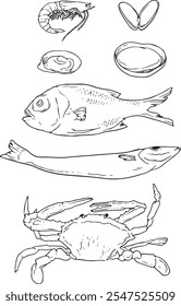 fish handrawn doodle illustrations vector set - black line vector