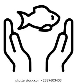 Fish in hands line icon. Fish and arms illustration isolated on white. Two hands and fish outline style design, designed for web and app. Eps 10