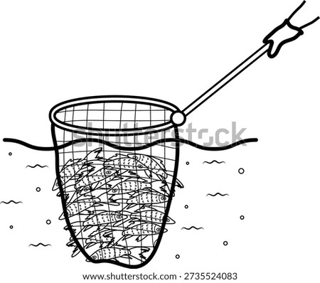 fish harvesting with net concept, small scale fishery operation vector icon design, Aquaculture and aquafarming stock illustration