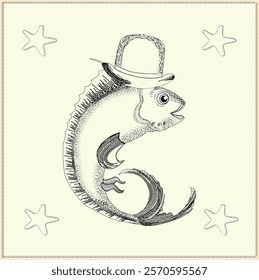 Fish in a hat, funny fish and starfish, retro fish, sea animals
