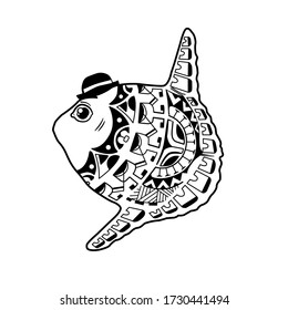 Fish with hat as a tattoo sketch. Vector illustration of a ocean creature. Detailed ink character for aquarium. Ethnic pattern. Print for t-shirt, banner. Antistress coloring.