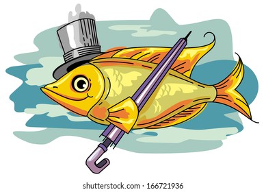 Fish in the hat and with umbrella