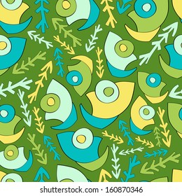 Fish head continuous seamless pattern. Abstract background with abstract objects with fish, water plant. 