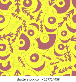 Fish head continuous seamless pattern. Abstract background with abstract objects with fish, water plant. Vector background with athletes.