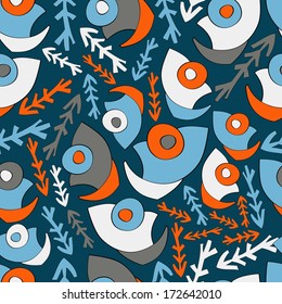 Fish head continuous seamless pattern. Abstract background with abstract objects with fish, water plant.