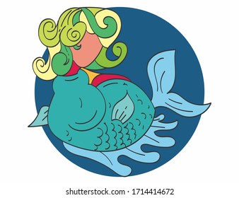 Fish with head of girl doodle vector illustration