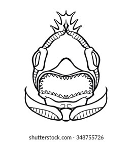 Fish Head Icon black and white colors. The hand drawn illustration in style of heraldry. Print for a mascot and T-shirt or game graphic. Can be used for tattoo.