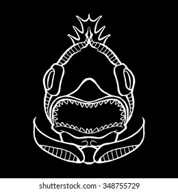 Fish Head Icon black and white colors. The hand drawn illustration in style of heraldry. Print for a mascot and T-shirt or game graphic. Can be used for tattoo.