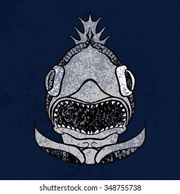 Fish Head Icon color. The hand drawn illustration in style of heraldry. Print for a mascot and T-shirt or game graphic. Can be used for tattoo.
