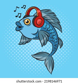 fish in headphones listening to music pinup pop art retro vector illustration. Comic book style imitation.