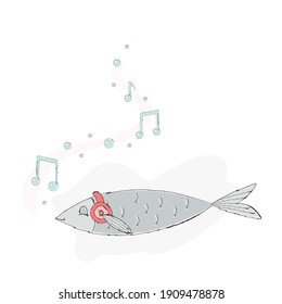 Fish With Headphones On Listening To Music Under The Water And Enjoying, Cartoon Charater, Funny Vector Illustration