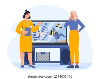 Concepto de control de la salud de los peces. Mujeres cerca del acuario con habitantes náuticos. Muchachas cerca de animales marinos y vida salvaje. Dibujo vectorial plano de dibujos animados aislado en fondo blanco