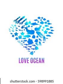 Fish in heart. Heart of sea animals. Inscription like the ocean.  illustration of whales, dolphins and fish. Sea Animals in shape heart