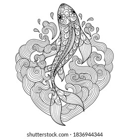 Fish in heart waves.
Zentangle stylized cartoon isolated on white background. 
Hand drawn sketch illustration for adult coloring book. 
