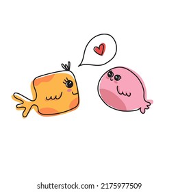 Fish and hearts, Love illustration, Kissing fish, Valentines day concept