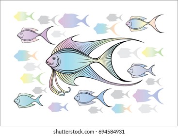 Fish herd. Vector illustration ideal for design wall decoration and tattoo and greeting card and books and bag and pillow cover or T-shirt graphic. 