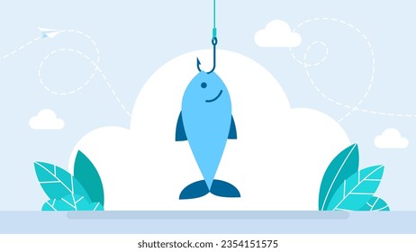 The fish hit by the fishing hook, hooked fish. Metal fishing hook on a line on a white background. Flat style. Vector illustration
