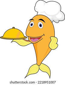 A fish holding Dish Dome and wearing a Chef cap with standing or serving pose