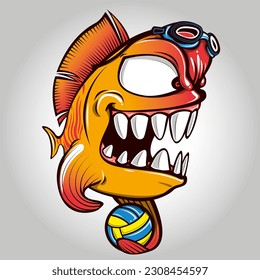 Fish holding a volleyball wearing a pair of swimming goggles on its head. Orange fish with big teeth, mascot of a waterpolo team. Sport illustration concept.