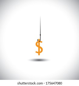 fish hook with dollar or money as bait - vector concept. This graphic icon also represents strategies like luring people with offers & discounts, retaining talent with salary bait, etc