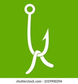 Fish hook with earthworm icon white isolated on green background. Vector illustration