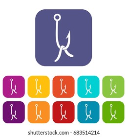 Fish hook with earthworm icons set