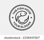 Fish Hook Fishing Catch Bait Fisherman Line Art Minimalist Vintage Stamp Seal Vector Logo Design