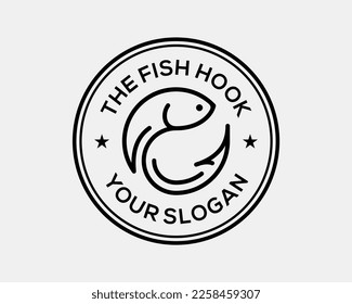 Fish Hook Fishing Catch Bait Fisherman Line Art Minimalist Vintage Stamp Seal Vector Logo Design