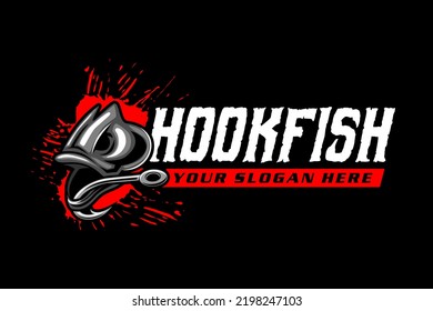 fish and hook fishing logo on black dark background in modern vintage rustic logo design style template vector illustration