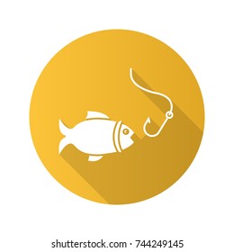 Fish and hook flat design long shadow glyph icon. Fishing. Vector silhouette illustration