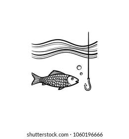 Fish with hook hand drawn outline doodle icon. Hook and fish with bubble vector sketch illustration for print, web, mobile and infographics isolated on white background.