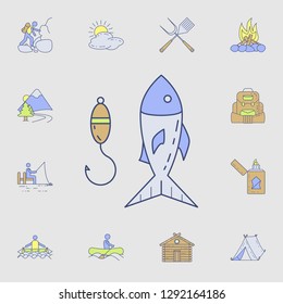 fish with a hook icon. Detailed set of color camping tool icons. Premium graphic design. One of the collection icons for websites, web design, mobile app