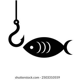Icono de gancho de pescado en escala gris aislado sobre fondo blanco.