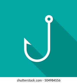 Fish hook icon with long shadow. Flat design style. Fish hook silhouette. Simple green icon. Modern flat icon in stylish colors. Web site page and mobile app design vector element.