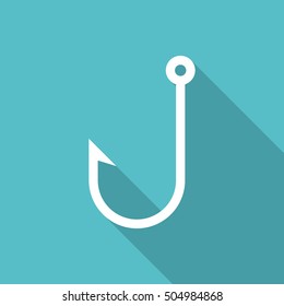 Fish hook icon with long shadow. Flat design style. Fish hook silhouette. Simple icon. Modern flat icon in stylish colors. Web site page and mobile app design vector element.