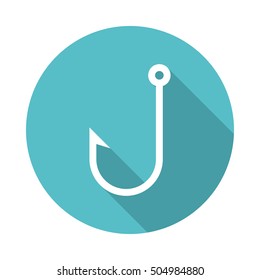 Fish hook icon with long shadow. Flat design style. Round icon. Fish hook silhouette. Simple circle icon. Modern flat icon in stylish colors. Web site page and mobile app design vector element.