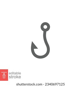 Fish hook icon. Simple outline style. Fishhook, angler, trap, metal sharp needle, fishing equipment concept. Thin line symbol. Vector illustration isolated on white background. Editable stroke EPS 10.