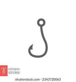 Fish hook icon. Simple outline style. Fishhook, angler, trap, metal sharp needle, fishing equipment concept. Thin line symbol. Vector illustration isolated on white background. Editable stroke EPS 10.