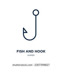 fish and hook icon from summer collection. Thin linear fish and hook, fish, sport outline icon isolated on white background. Line vector fish and hook sign, symbol for web and mobile