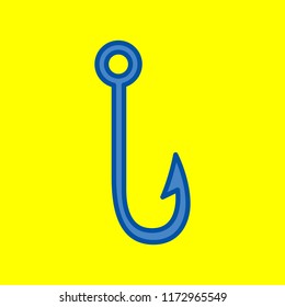 Fish hook icon. Vector. Office style blue icon at yellow background.