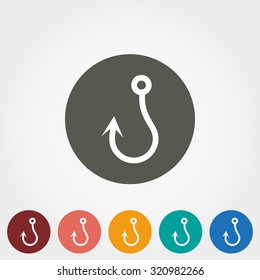 Fish hook icon. Icon for web and mobile application. Vector illustration on a button. Flat design style.