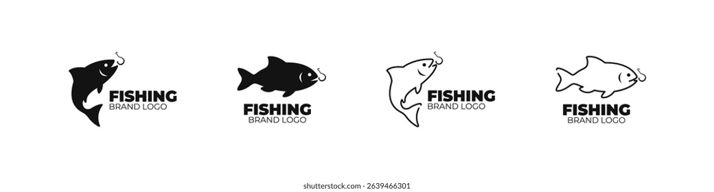 Fish with hook icons for logotypes in flat and outline style. Fishing symbol designs for sport or seafood branding set.