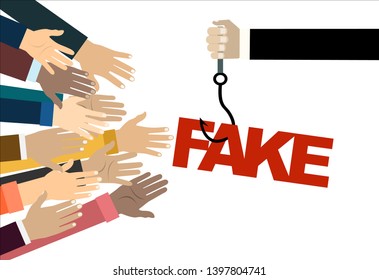 Fish hook with a label and text: Fake. concept of special offer or fraud. Hands stretching. Illustration in flat style.