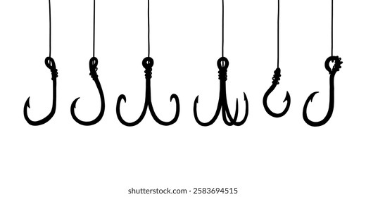 Fish Hook with Line Black Silhouette Set. Fishing Lure Bait Collection. Doodle Vector Illustration