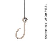 Fish Hook with Line Flat Graphic. Fishing Lure Bait. Cartoon Vector Illustration