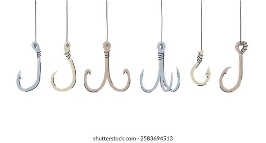 Fish Hook with Line Flat Set. Fishing Lure Bait Collection. Cartoon Vector Illustration