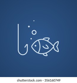 Fish with hook line icon for web, mobile and infographics. Vector light blue icon isolated on blue background.